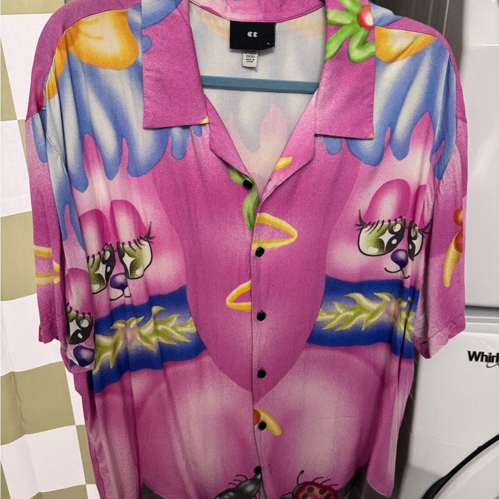 Lazy Oaf Pink and Blue Graphic Button Down Shirt XL oversized unisex